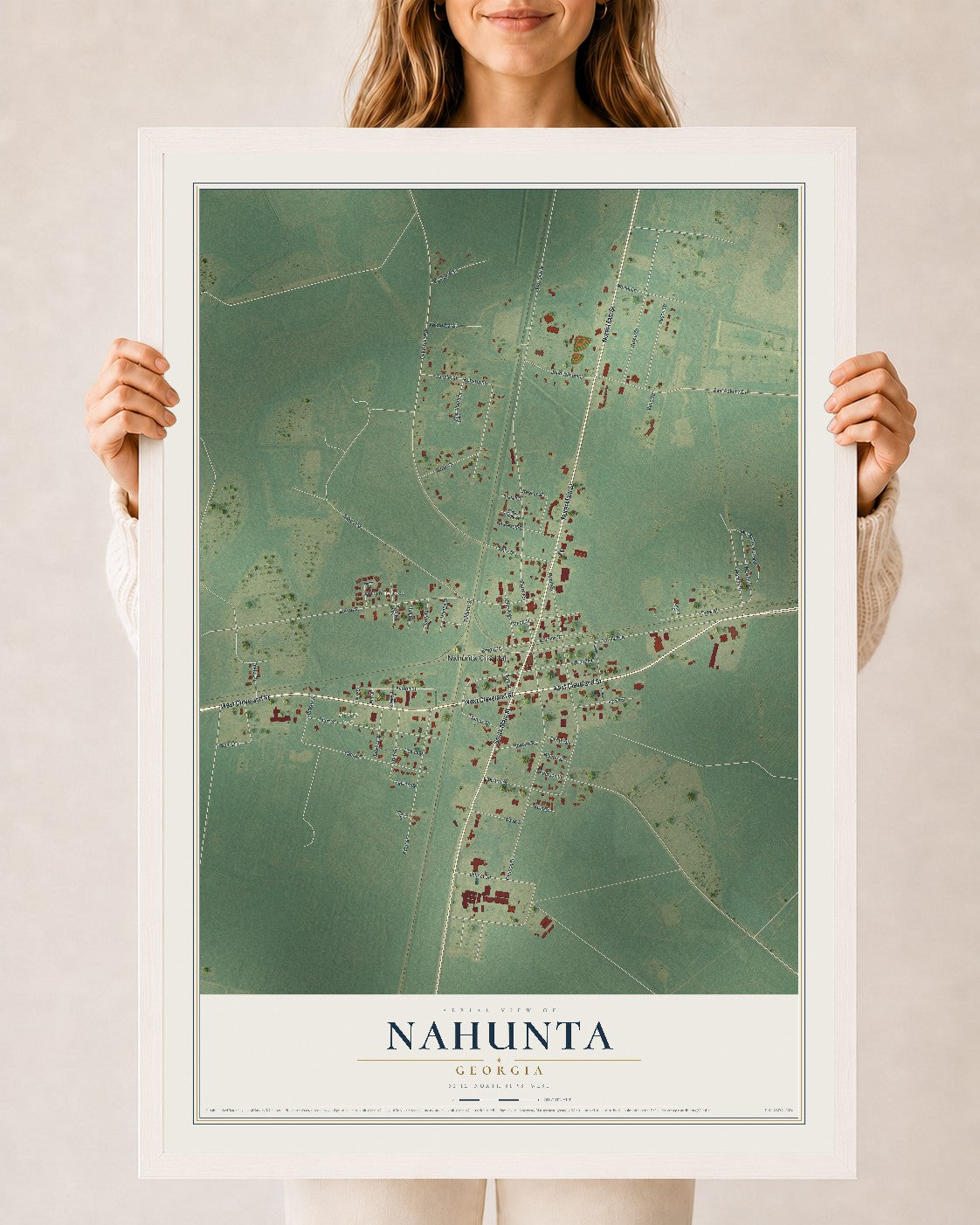 Nahunta, Georgia map print, 24" x 36" W/ White Ayous Wood Frame mockup