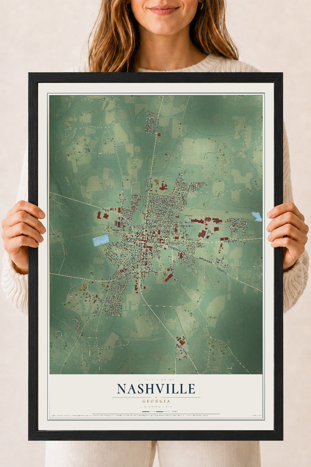 Nashville, Georgia map print, 18" x 24" W/ Black Ayous Wood Frame mockup