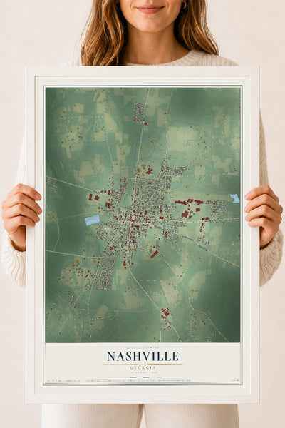 Nashville, Georgia map print, 18" x 24" W/ White Ayous Wood Frame mockup