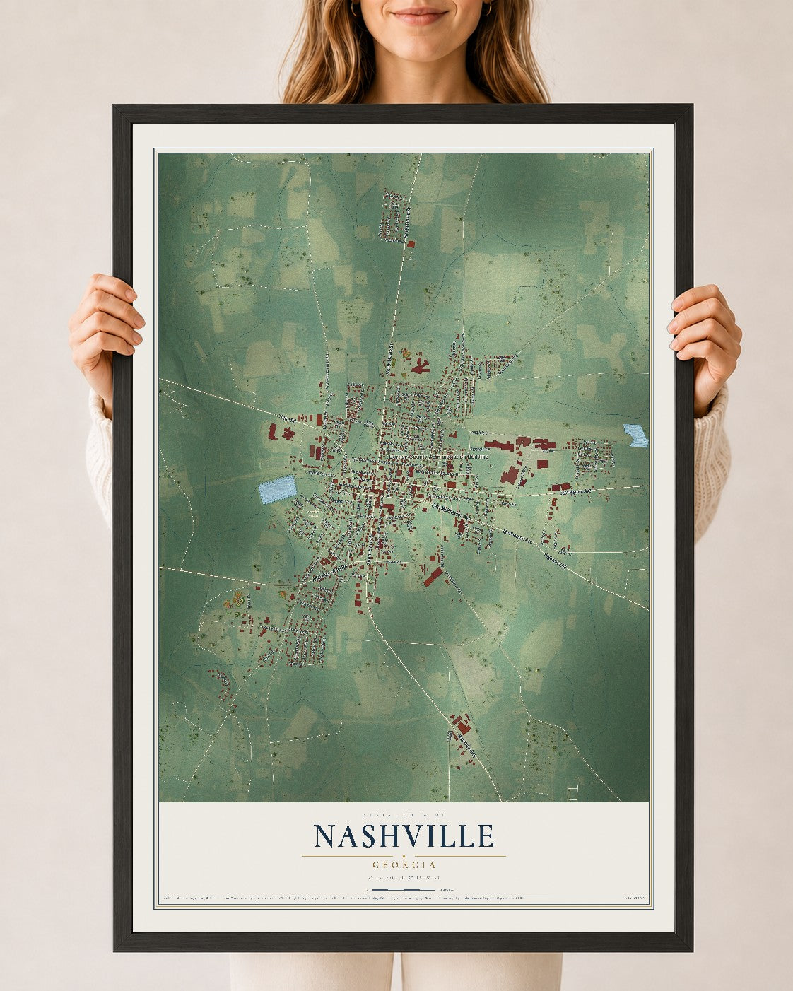 Nashville, Georgia map print, 24" x 36" W/ Black Ayous Wood Frame mockup