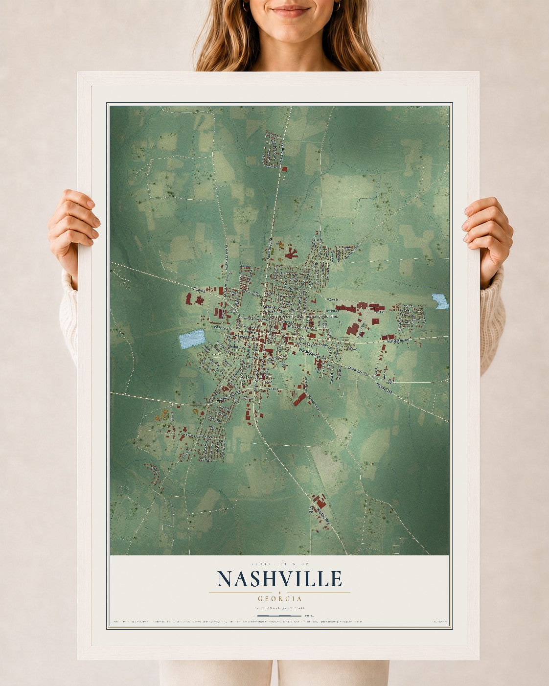 Nashville, Georgia map print, 24" x 36" W/ White Ayous Wood Frame mockup