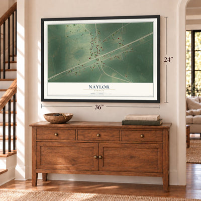 Naylor, Georgia map, 24 x 36 inch print in a black frame above a dresser by a staircase