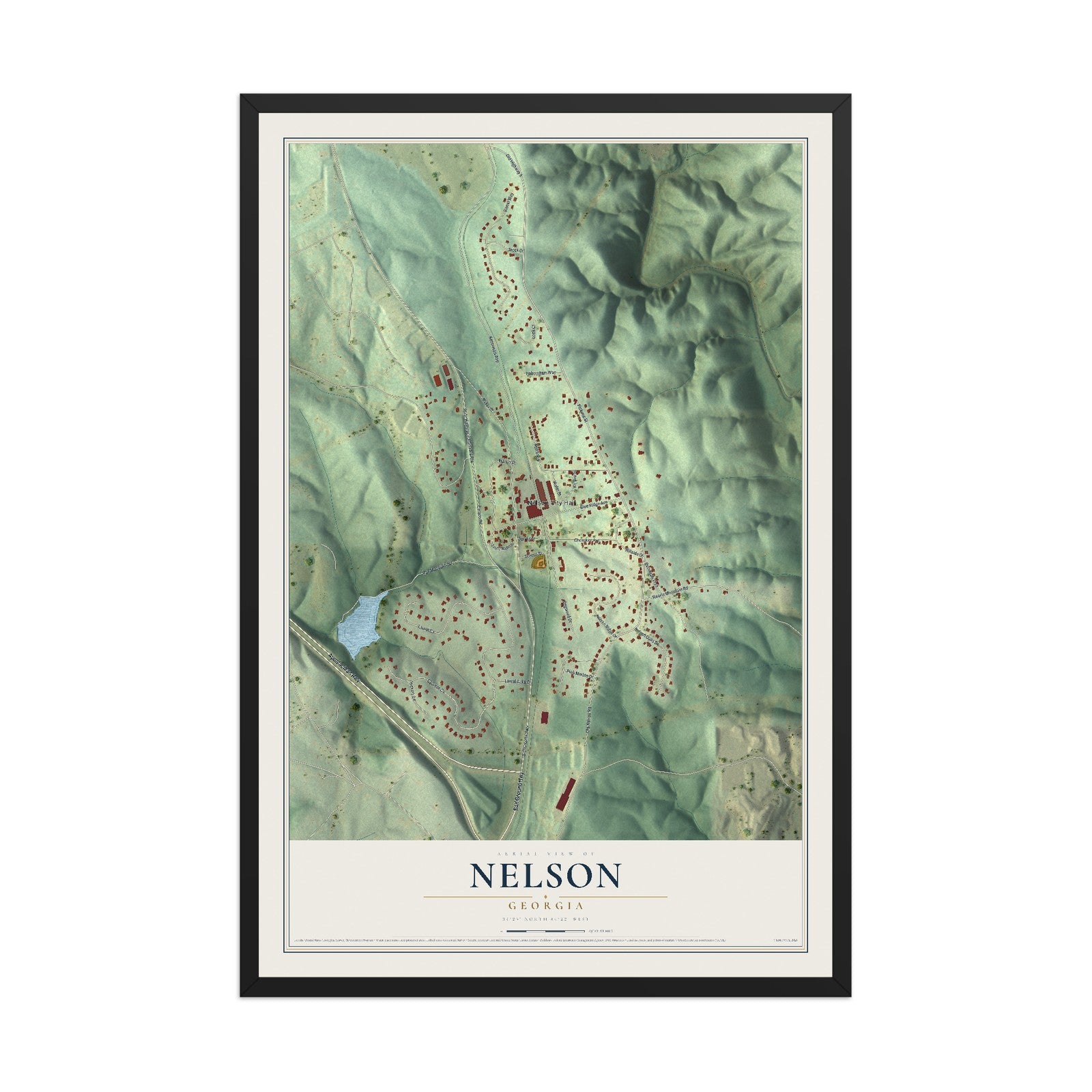 Nelson, Georgia map print, 12" x 18" W/ Black Ayous Wood Frame mockup