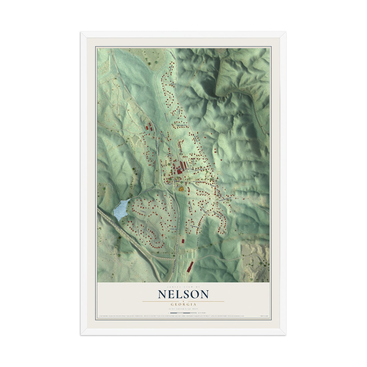Nelson, Georgia map print, 12" x 18" W/ White Ayous Wood Frame mockup