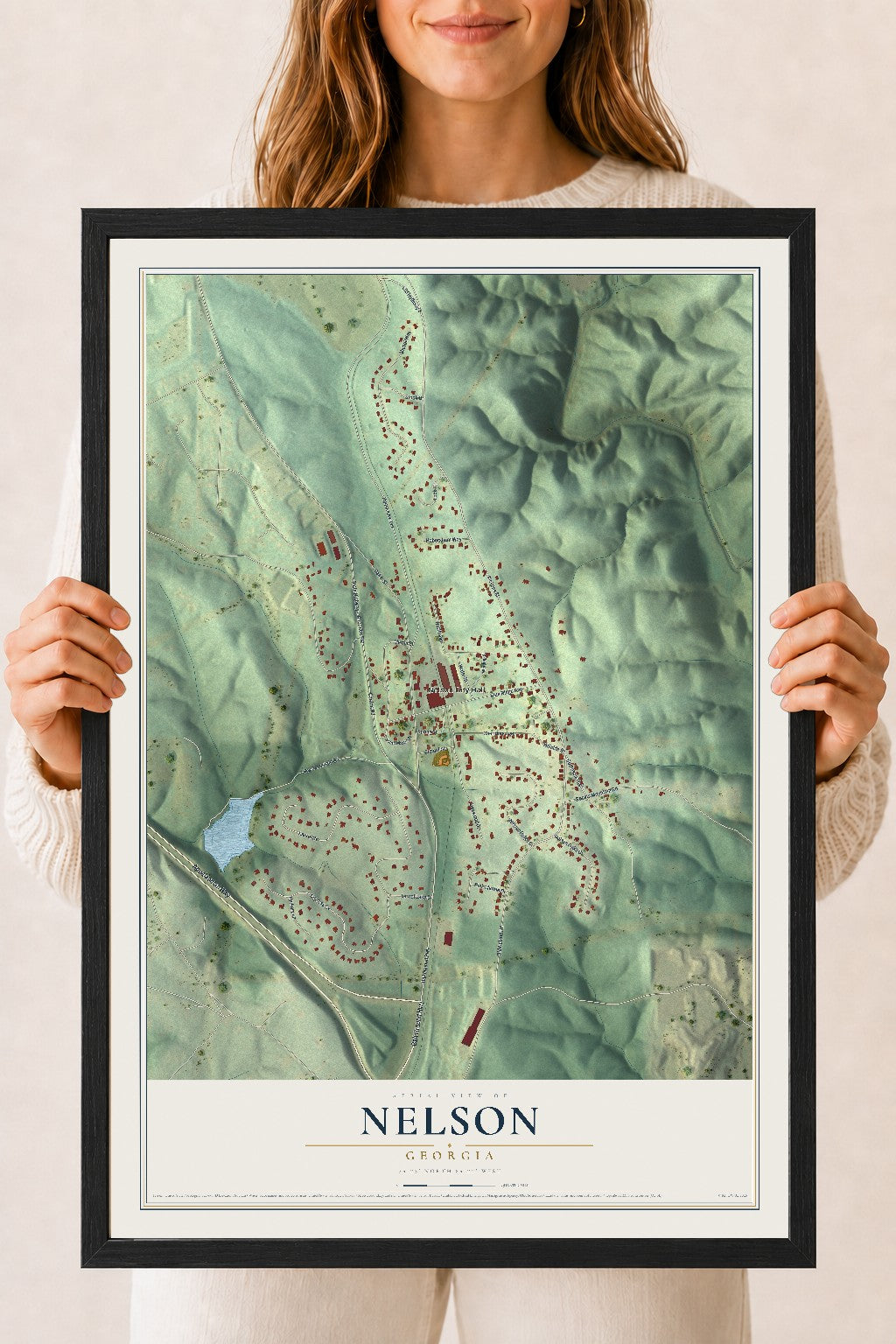 Nelson, Georgia map print, 18" x 24" W/ Black Ayous Wood Frame mockup