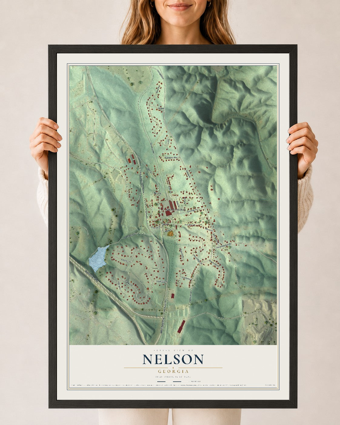 Nelson, Georgia map print, 24" x 36" W/ Black Ayous Wood Frame mockup