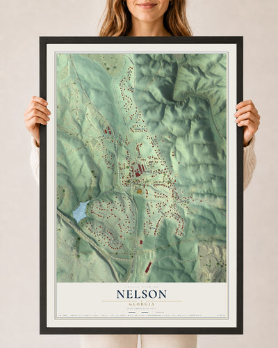Nelson, Georgia map print, 24" x 36" W/ Black Ayous Wood Frame mockup