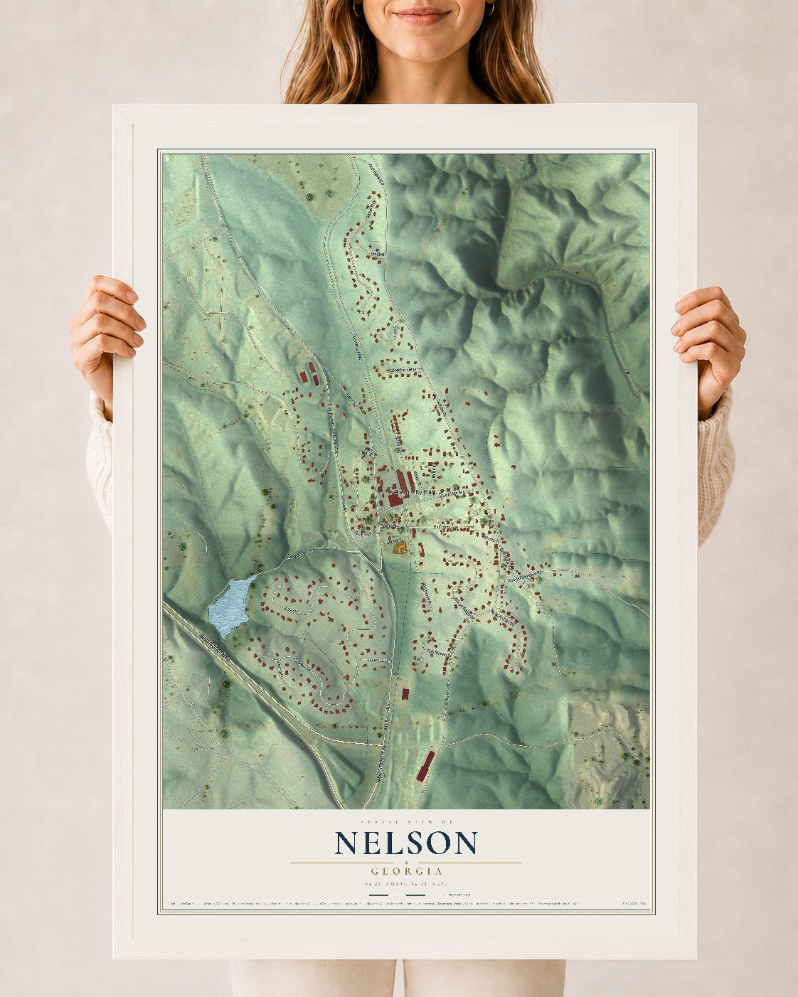 Nelson, Georgia map print, 24" x 36" W/ White Ayous Wood Frame mockup
