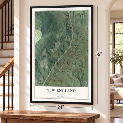 New England, Georgia map, 24 x 36 inch print in a black frame by a staircase