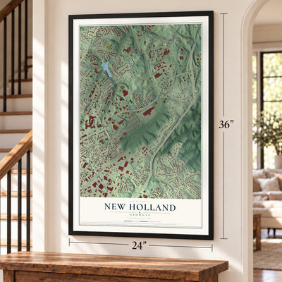 New Holland, Georgia map, 24 x 36 inch print in a black frame by a staircase