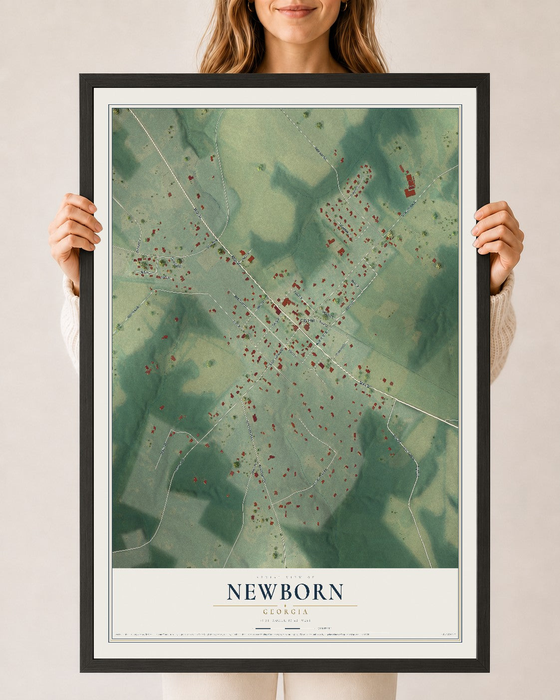 Newborn, Georgia map print, 24" x 36" W/ Black Ayous Wood Frame mockup