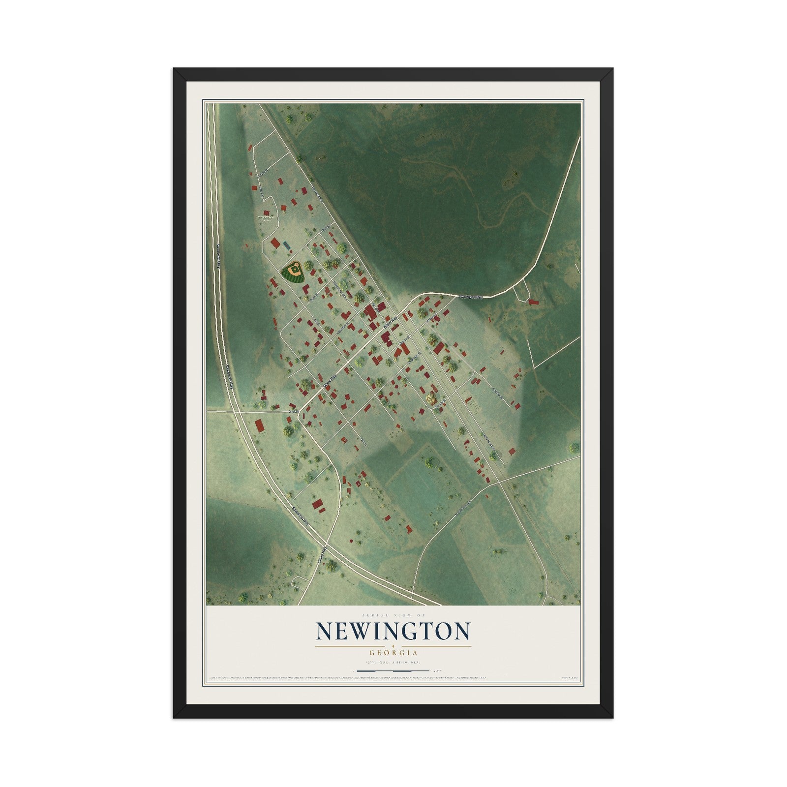 Newington, Georgia map print, 12" x 18" W/ Black Ayous Wood Frame mockup