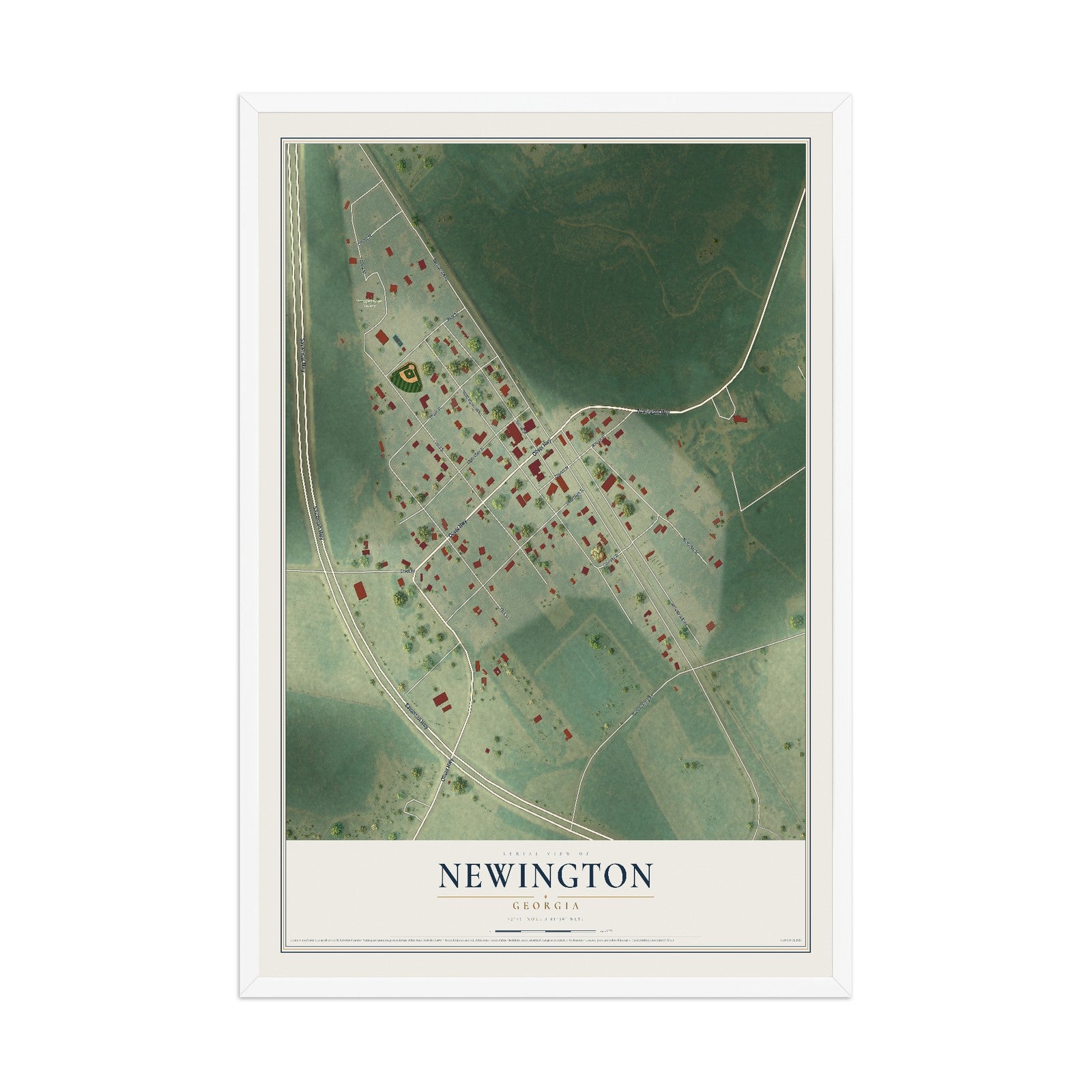 Newington, Georgia map print, 12" x 18" W/ White Ayous Wood Frame mockup