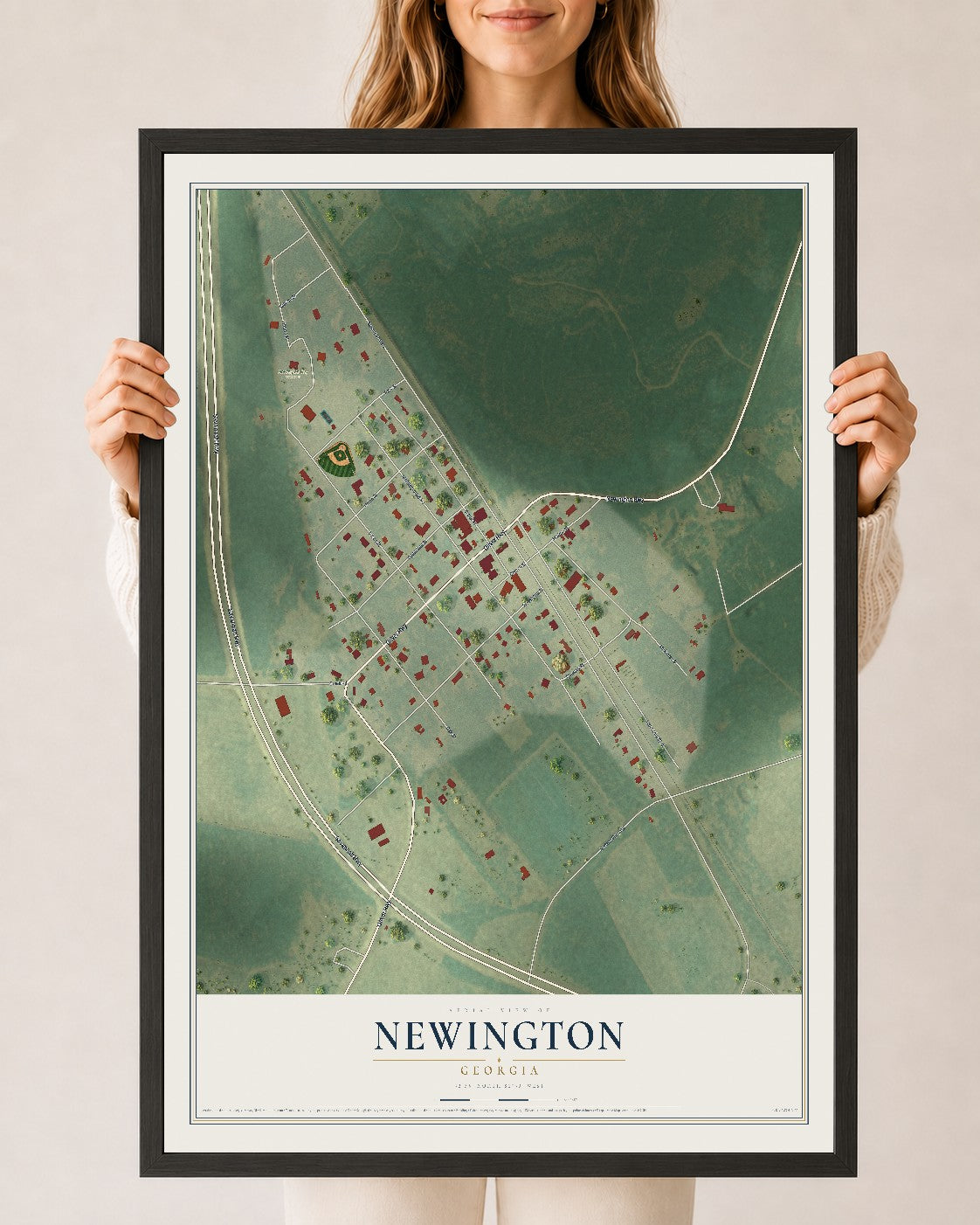 Newington, Georgia map print, 24" x 36" W/ Black Ayous Wood Frame mockup