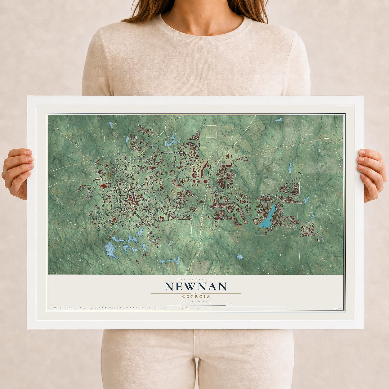 Newnan, Georgia map print, 12" x 18" W/ White Ayous Wood Frame mockup