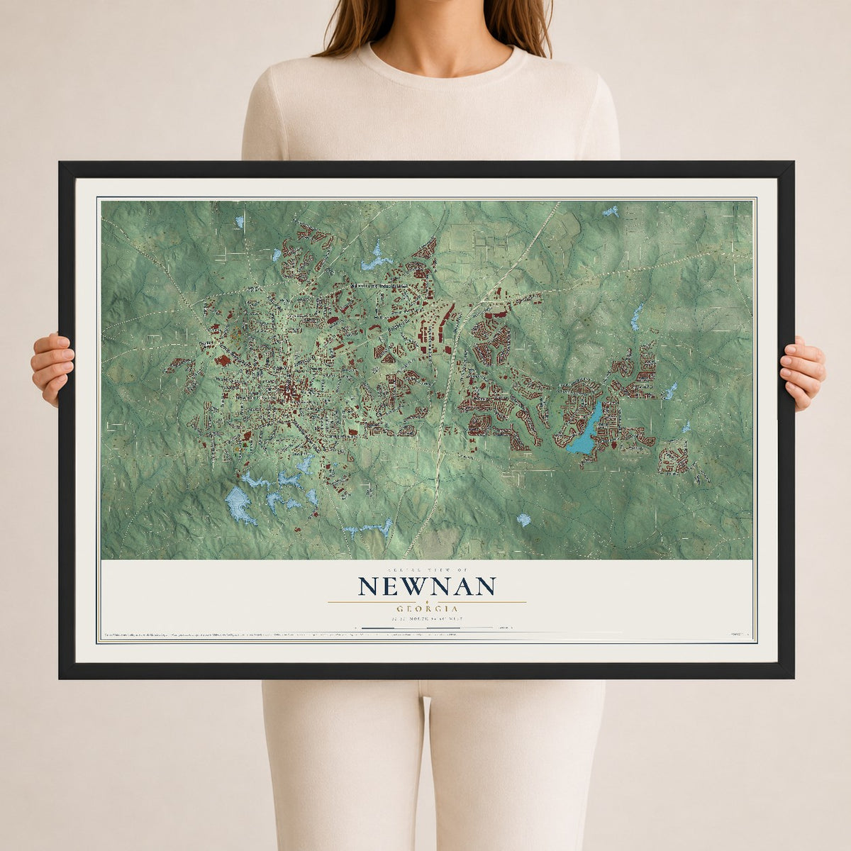 Newnan, Georgia map print, 24" x 36" W/ Black Ayous Wood Frame mockup