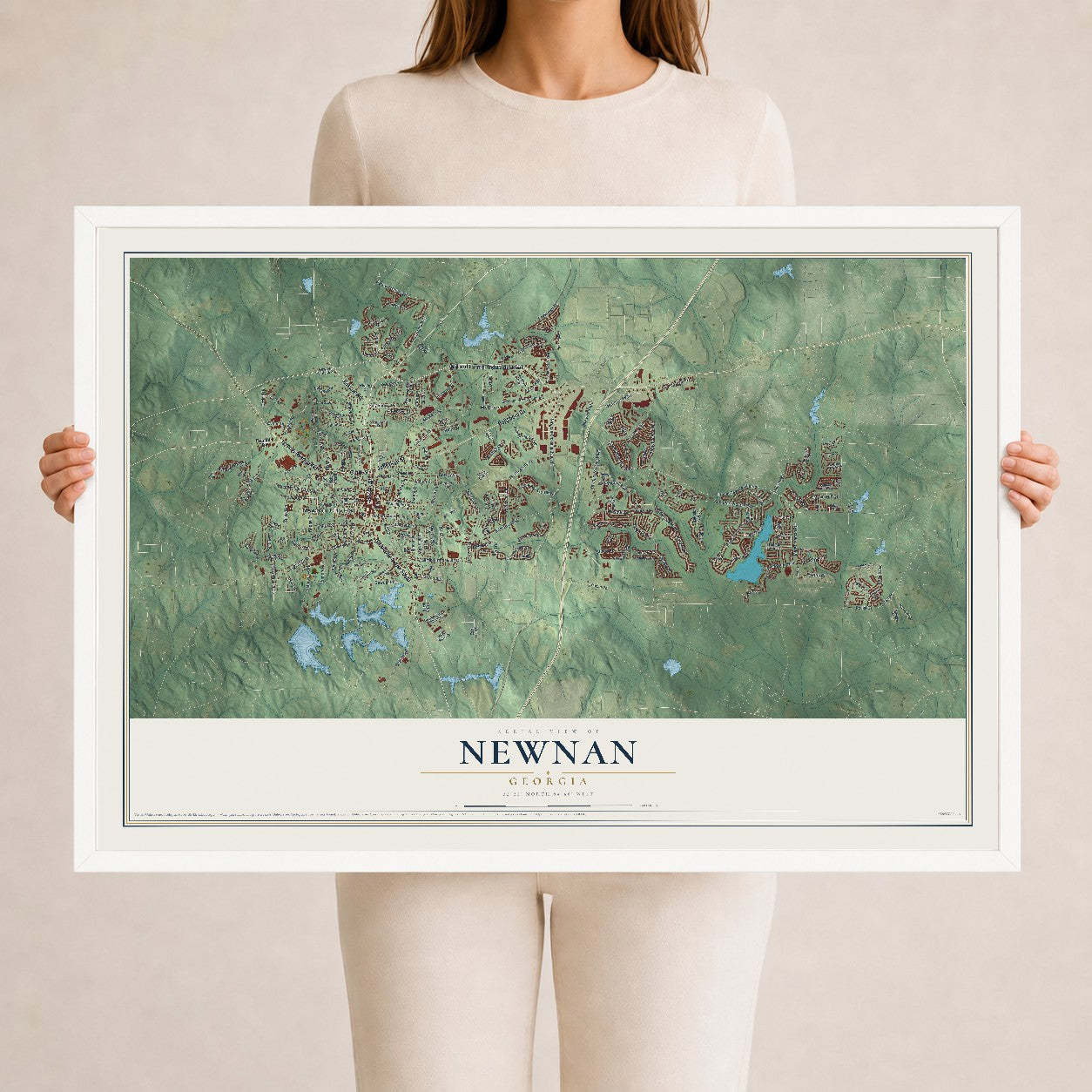 Newnan, Georgia map print, 24" x 36" W/ White Ayous Wood Frame mockup