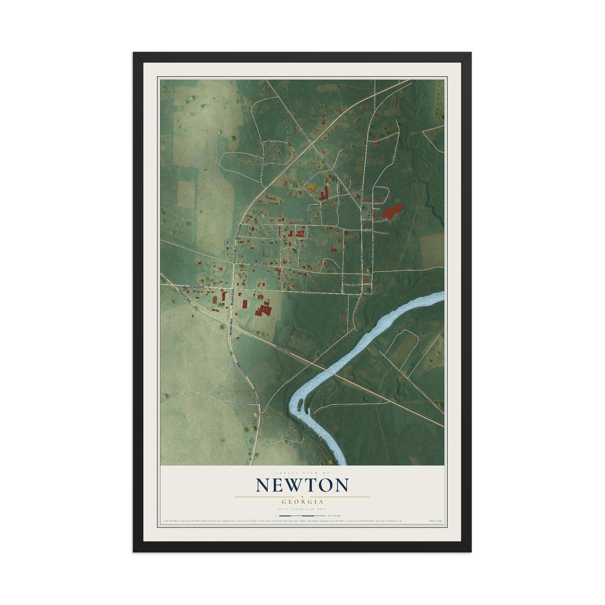 Newton, Georgia map print, 12" x 18" W/ Black Ayous Wood Frame mockup