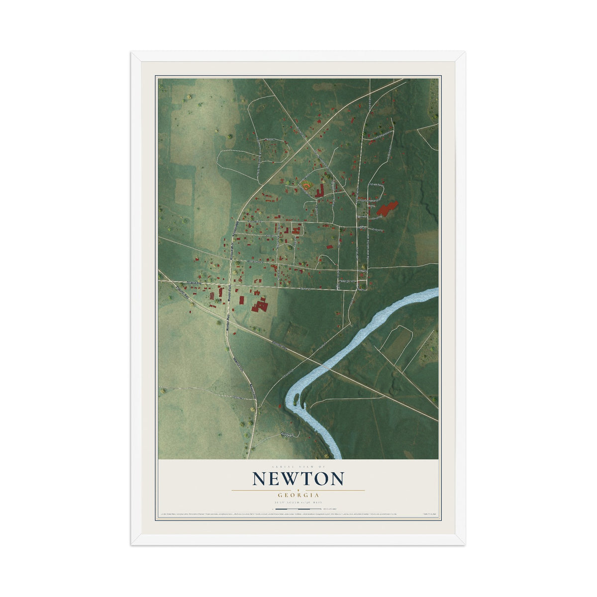 Newton, Georgia map print, 12" x 18" W/ White Ayous Wood Frame mockup