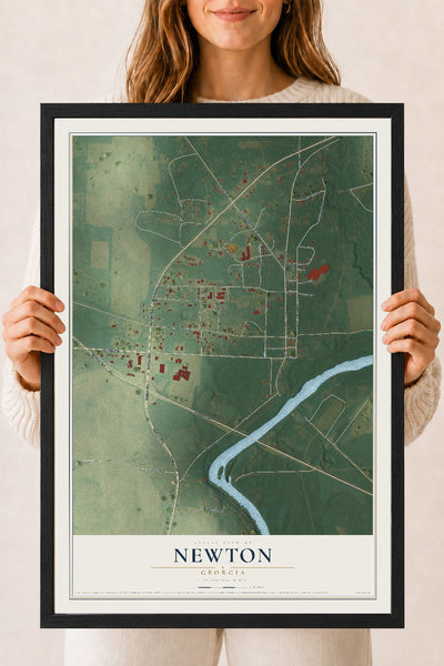Newton, Georgia map print, 18" x 24" W/ Black Ayous Wood Frame mockup