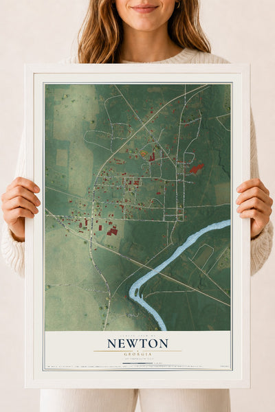 Newton, Georgia map print, 18" x 24" W/ White Ayous Wood Frame mockup