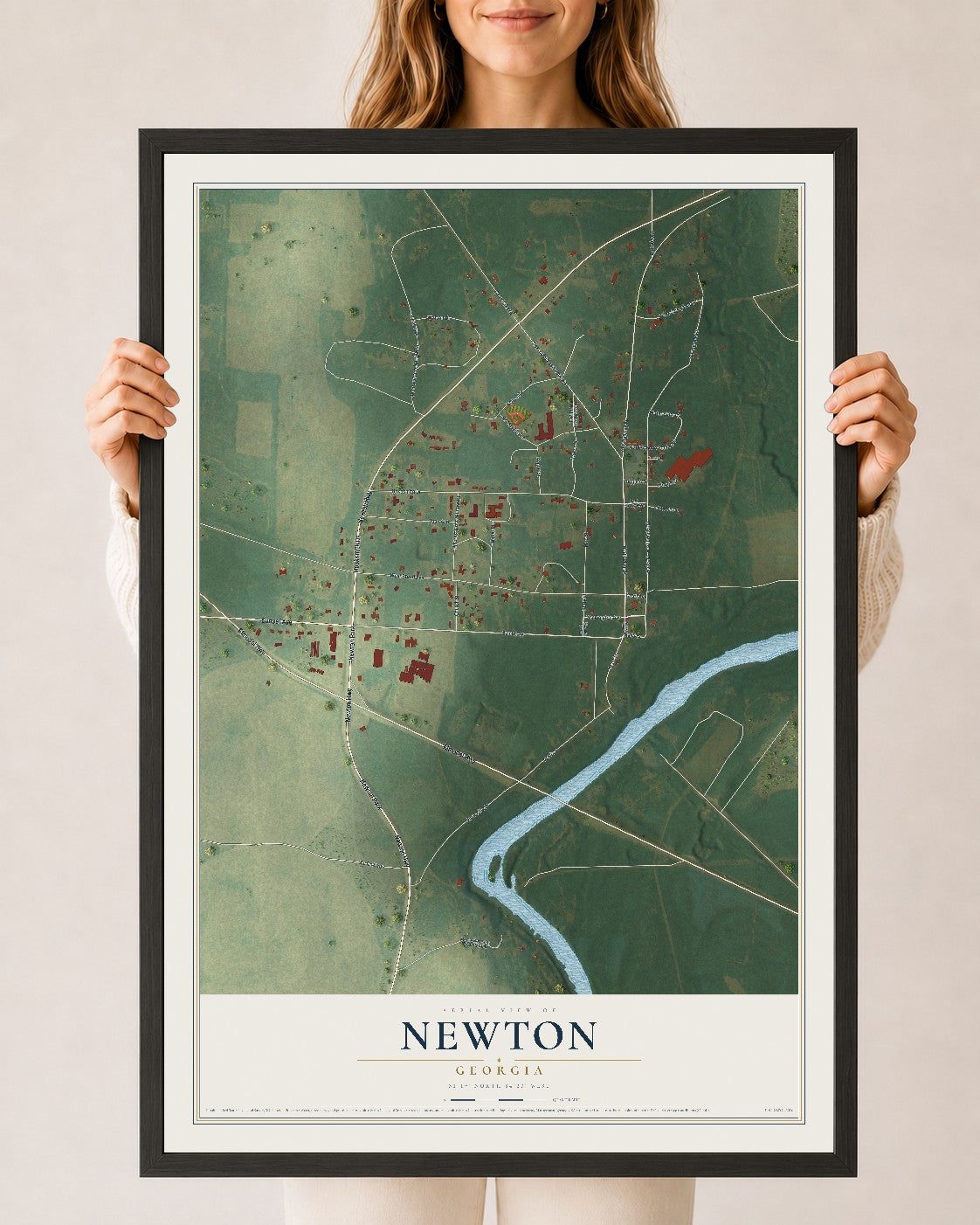 Newton, Georgia map print, 24" x 36" W/ Black Ayous Wood Frame mockup