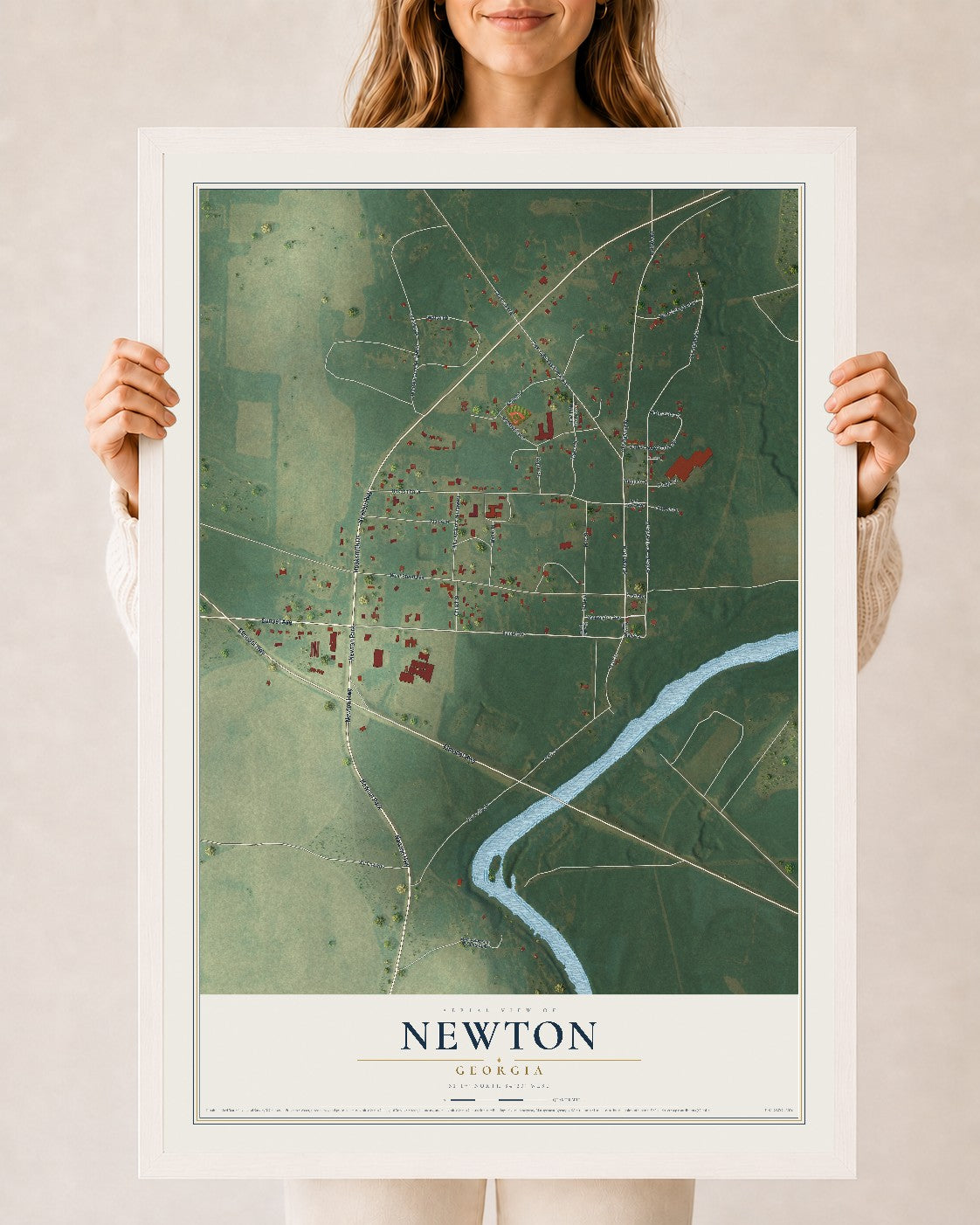 Newton, Georgia map print, 24" x 36" W/ White Ayous Wood Frame mockup