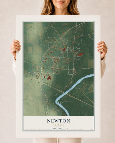 Newton, Georgia map print, 24" x 36" W/ White Ayous Wood Frame mockup