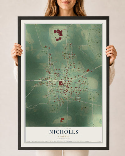 Nicholls, Georgia map print, 24" x 36" W/ Black Ayous Wood Frame mockup