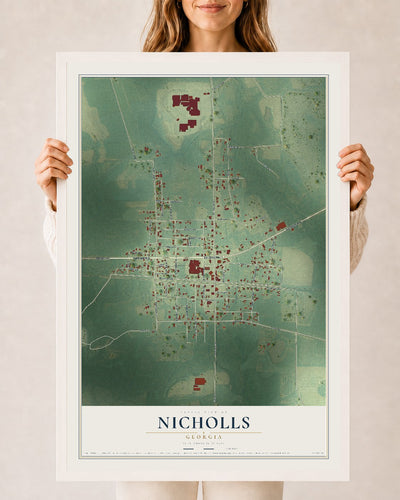 Nicholls, Georgia map print, 24" x 36" W/ White Ayous Wood Frame mockup