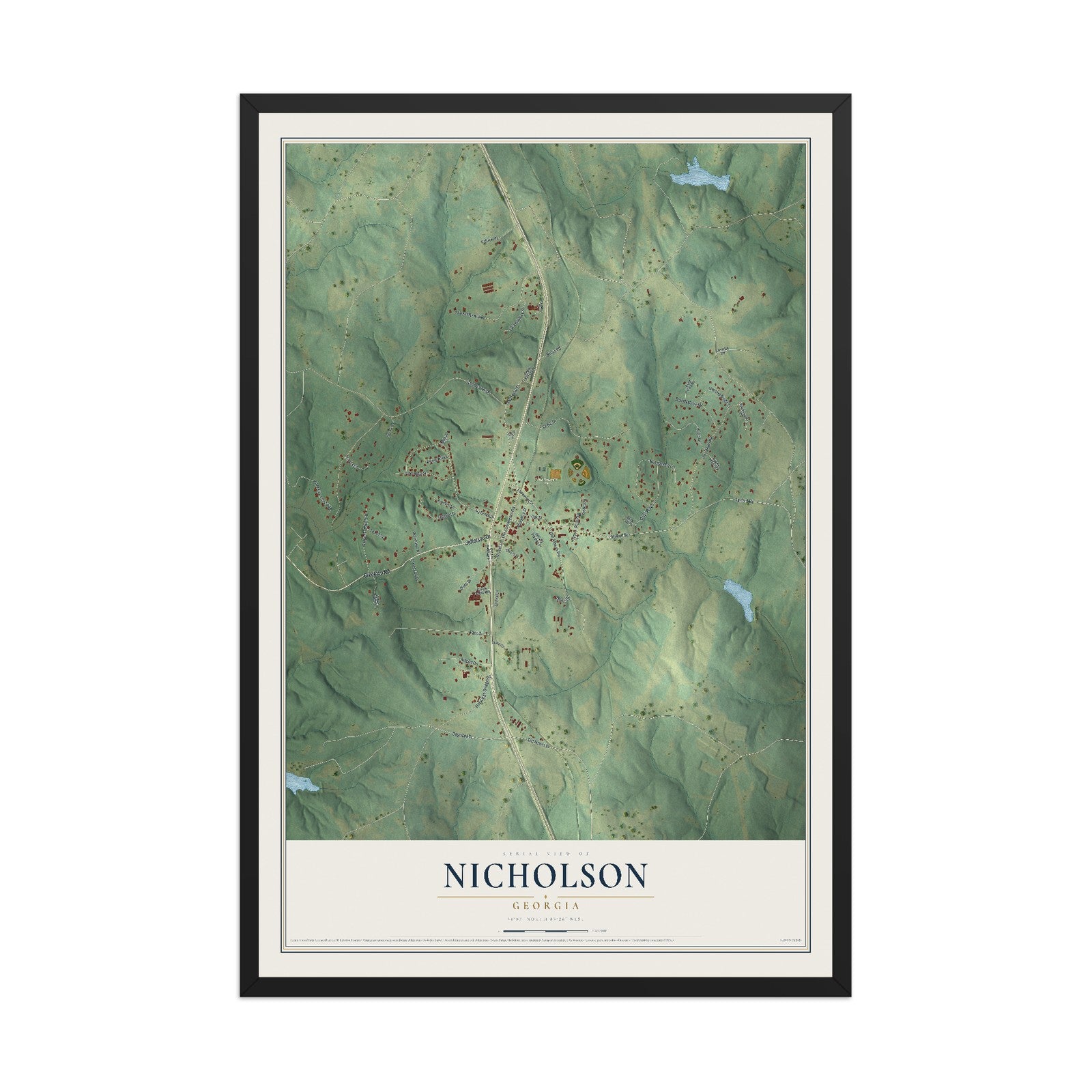 Nicholson, Georgia map print, 12" x 18" W/ Black Ayous Wood Frame mockup