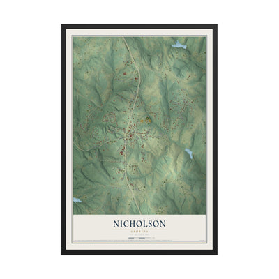 Nicholson, Georgia map print, 12" x 18" W/ Black Ayous Wood Frame mockup