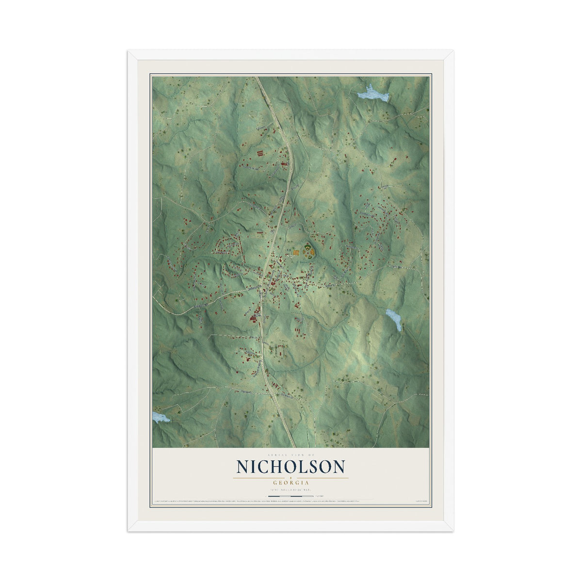 Nicholson, Georgia map print, 12" x 18" W/ White Ayous Wood Frame mockup