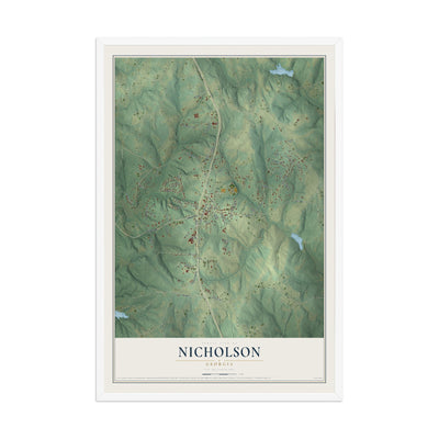 Nicholson, Georgia map print, 12" x 18" W/ White Ayous Wood Frame mockup
