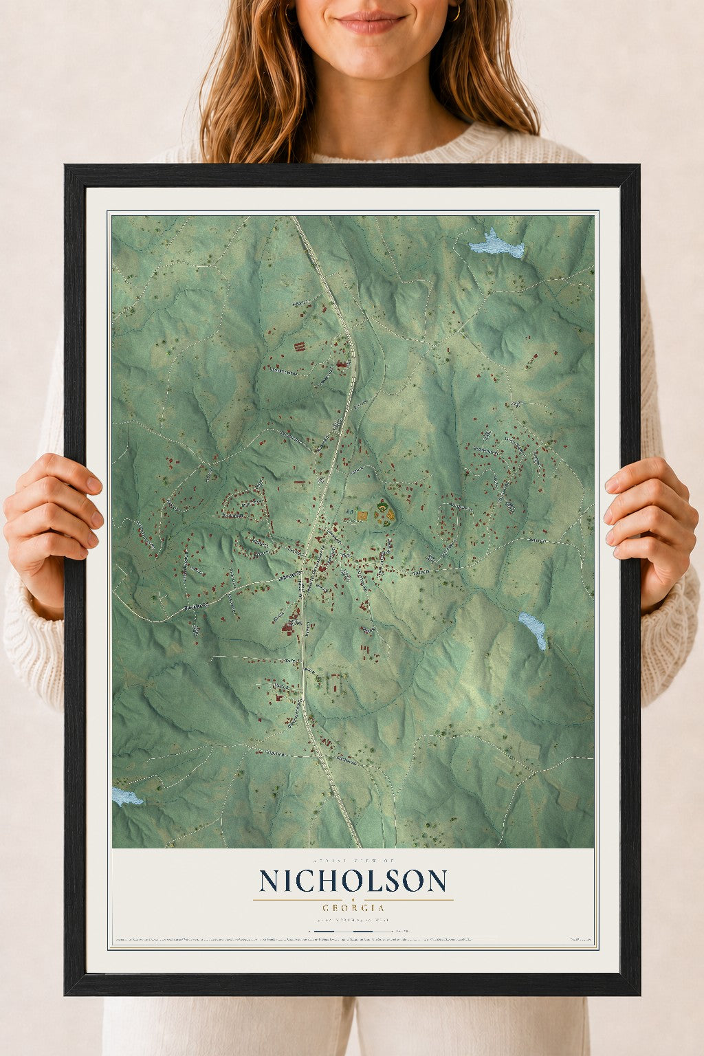 Nicholson, Georgia map print, 18" x 24" W/ Black Ayous Wood Frame mockup