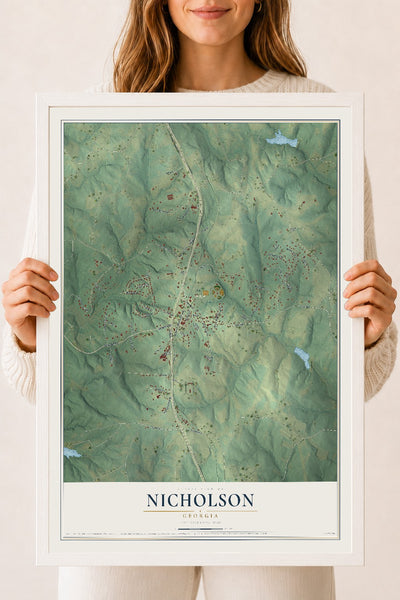 Nicholson, Georgia map print, 18" x 24" W/ White Ayous Wood Frame mockup