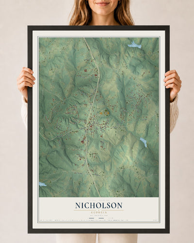 Nicholson, Georgia map print, 24" x 36" W/ Black Ayous Wood Frame mockup