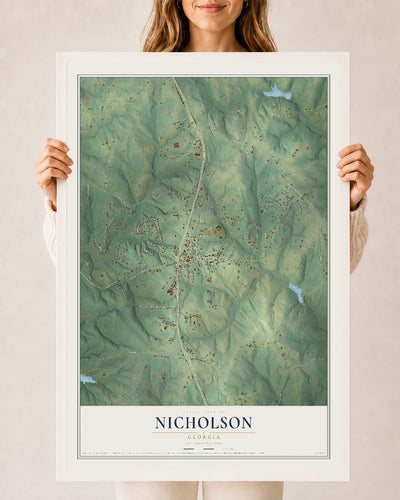 Nicholson, Georgia map print, 24" x 36" W/ White Ayous Wood Frame mockup