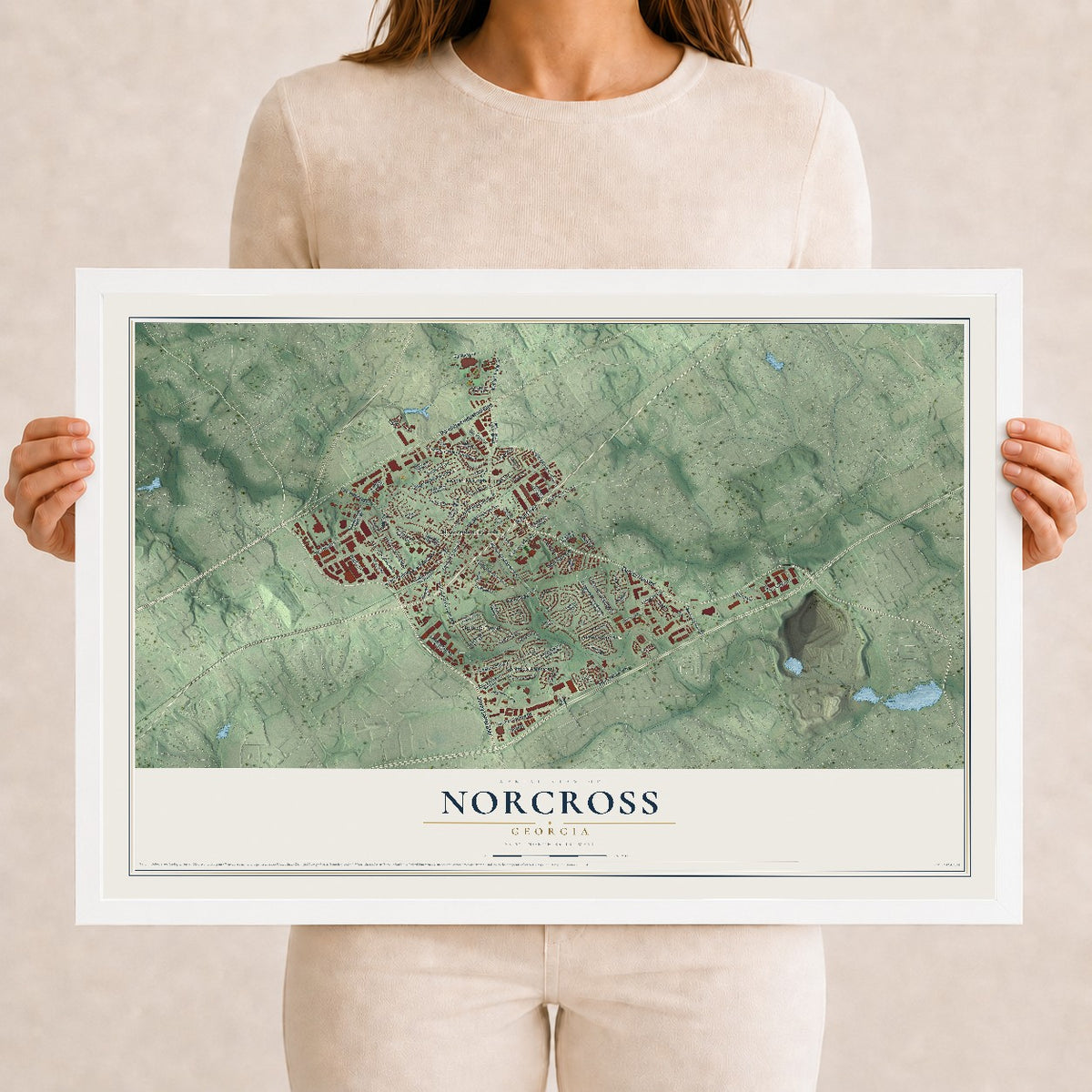 Norcross, Georgia map print, 12" x 18" W/ White Ayous Wood Frame mockup