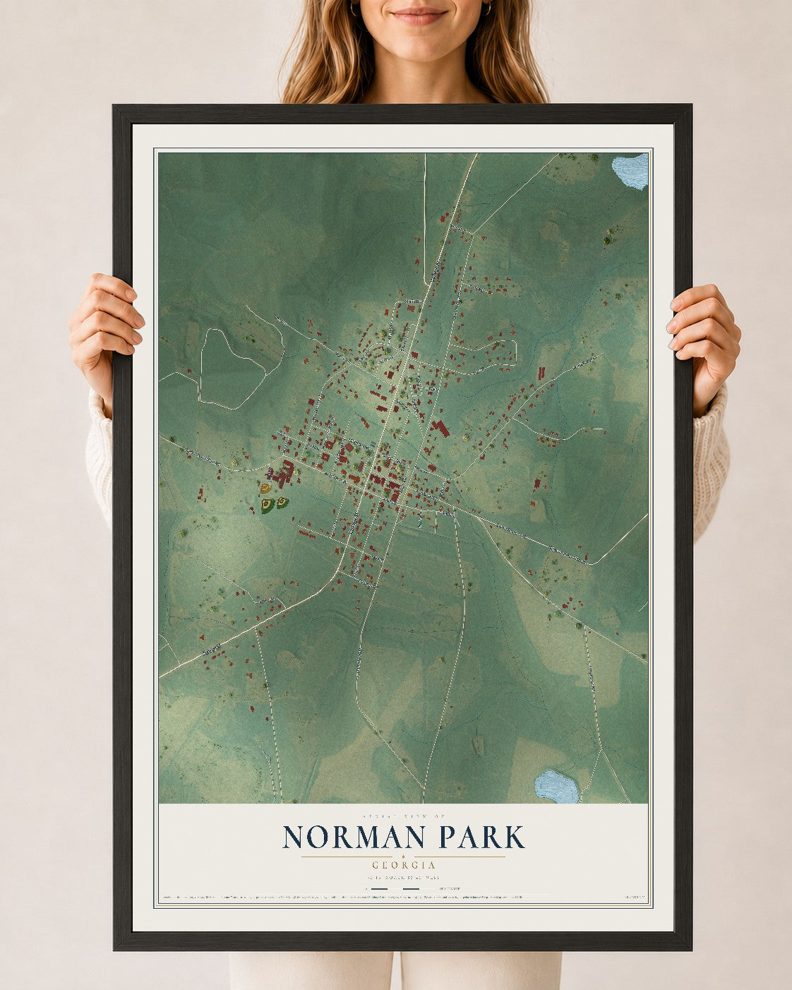 Norman Park, Georgia map print, 24" x 36" W/ Black Ayous Wood Frame mockup