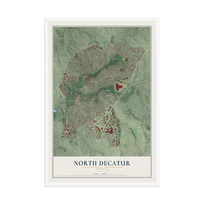 North Decatur, Georgia map print, 12" x 18" W/ White Ayous Wood Frame mockup