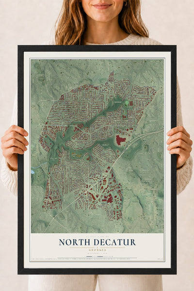North Decatur, Georgia map print, 18" x 24" W/ Black Ayous Wood Frame mockup