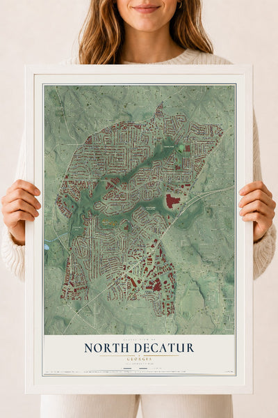 North Decatur, Georgia map print, 18" x 24" W/ White Ayous Wood Frame mockup