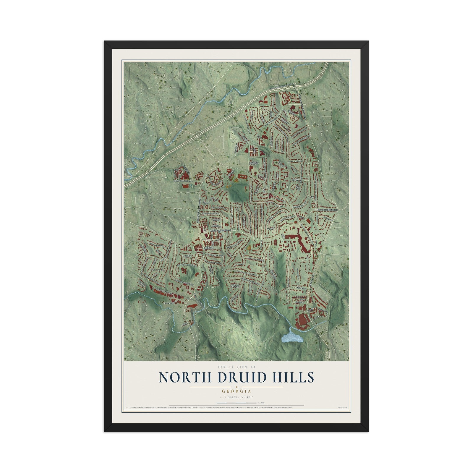 North Druid Hills, Georgia map print, 12" x 18" W/ Black Ayous Wood Frame mockup
