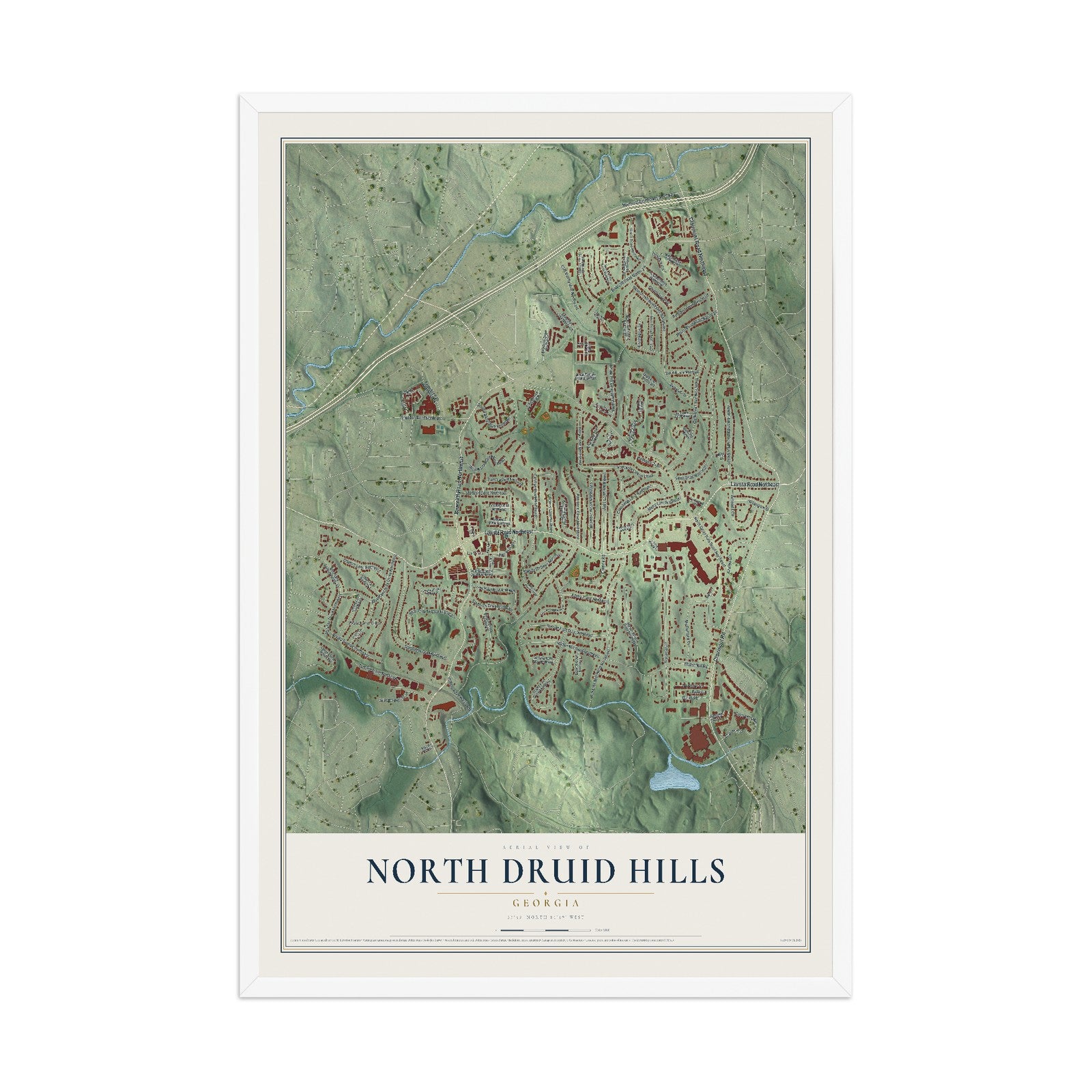 North Druid Hills, Georgia map print, 12" x 18" W/ White Ayous Wood Frame mockup