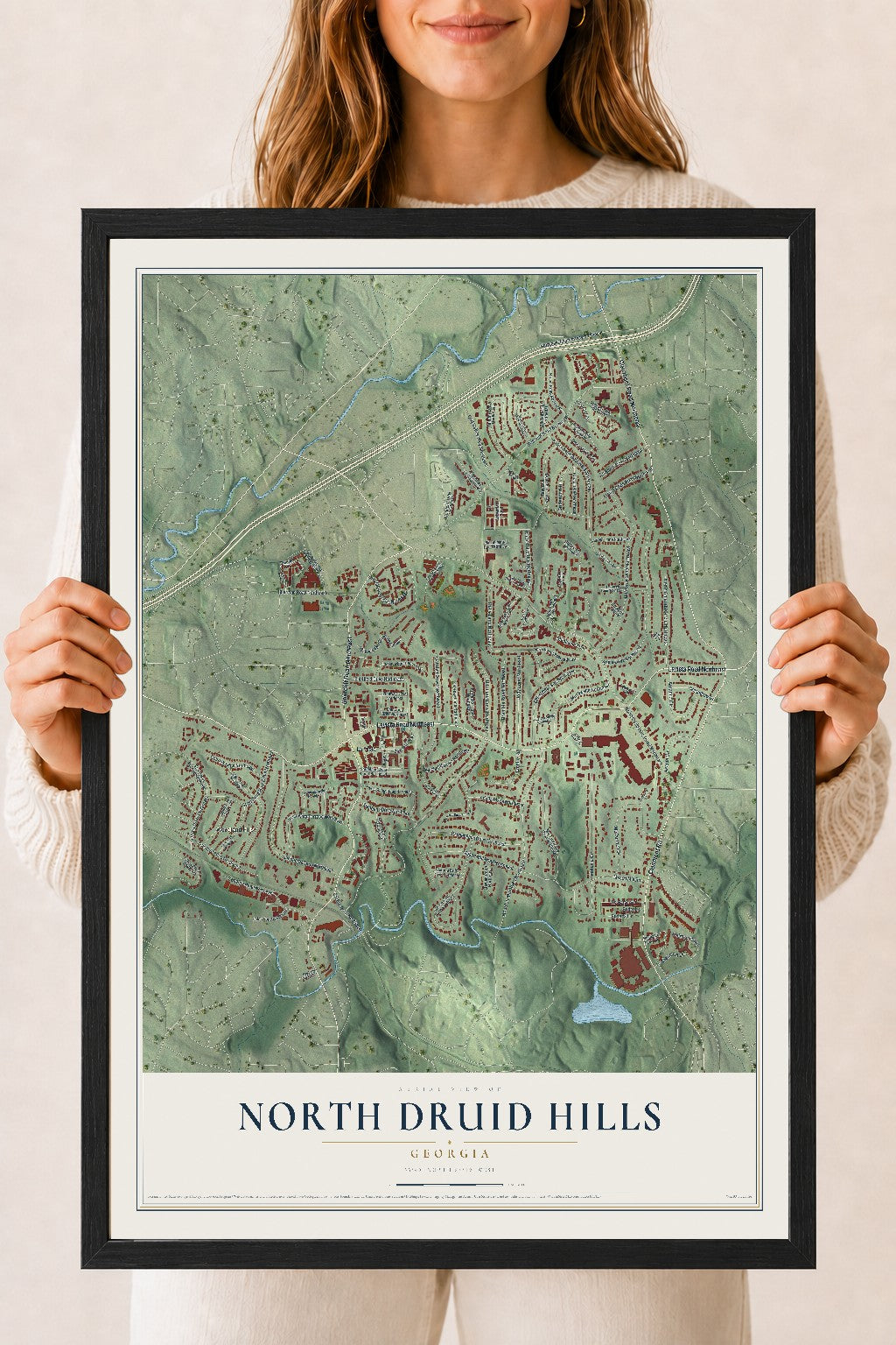 North Druid Hills, Georgia map print, 18" x 24" W/ Black Ayous Wood Frame mockup