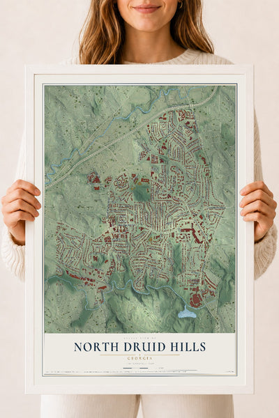 North Druid Hills, Georgia map print, 18" x 24" W/ White Ayous Wood Frame mockup