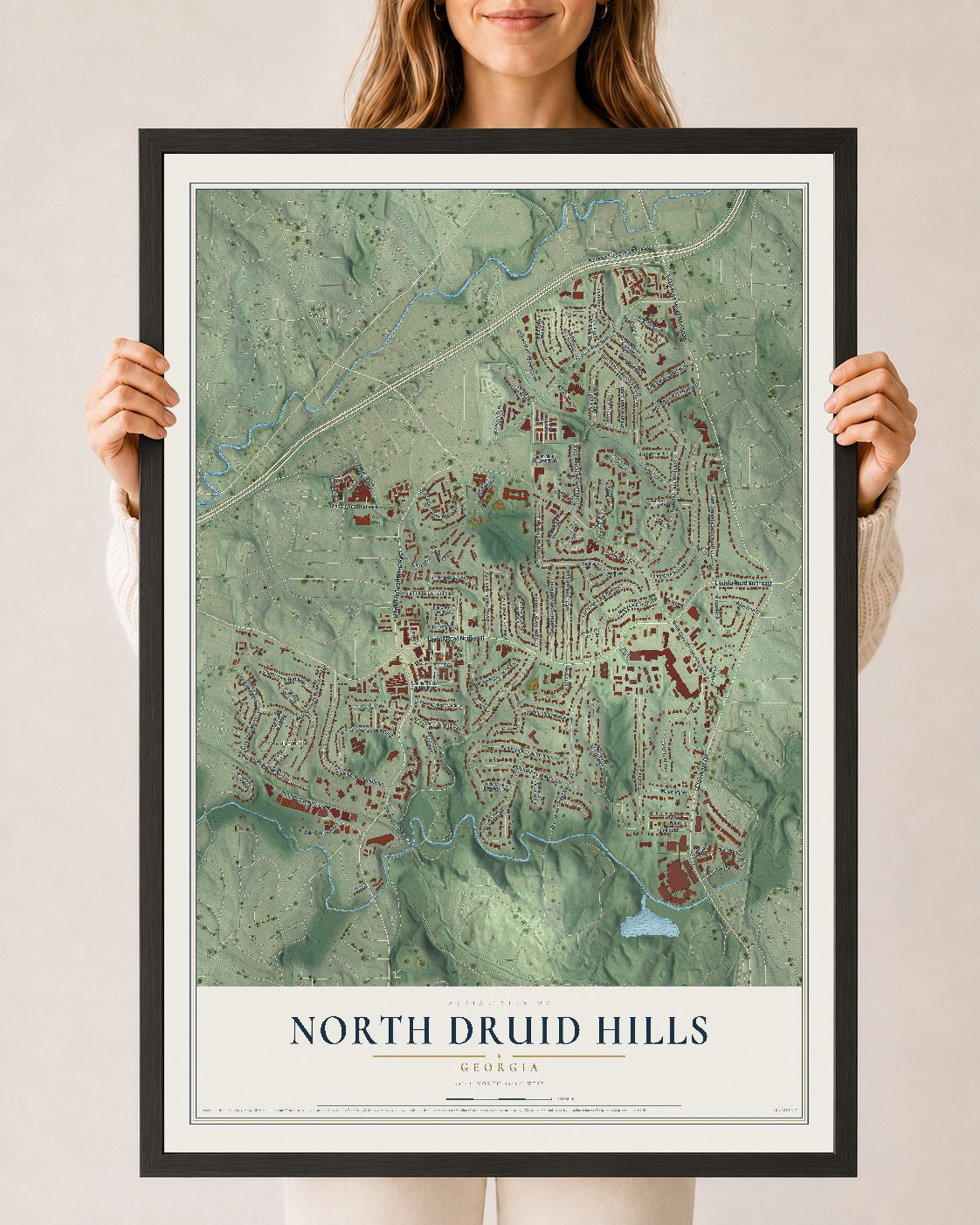 North Druid Hills, Georgia map print, 24" x 36" W/ Black Ayous Wood Frame mockup