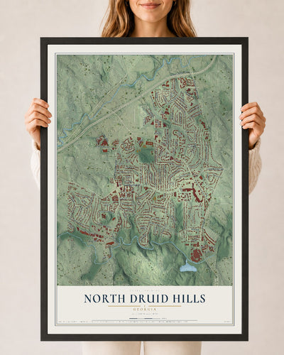 North Druid Hills, Georgia map print, 24" x 36" W/ Black Ayous Wood Frame mockup
