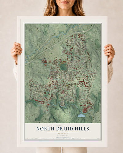North Druid Hills, Georgia map print, 24" x 36" W/ White Ayous Wood Frame mockup